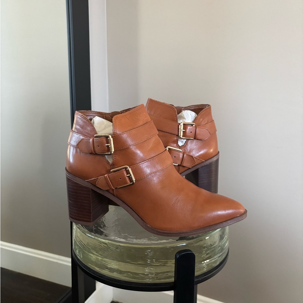 Franco Sarto Cognac Leather Ankle Booties with Side Zipper